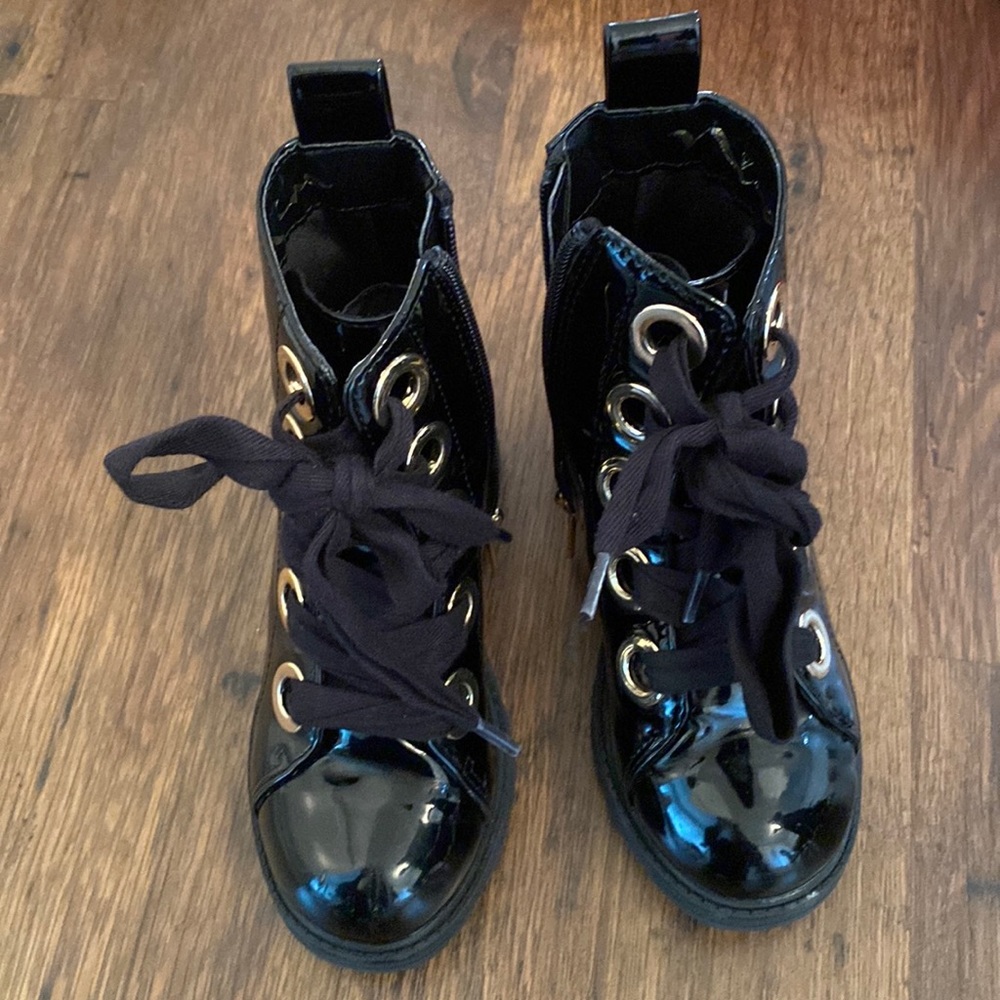 Black Patent boots, gold hardware